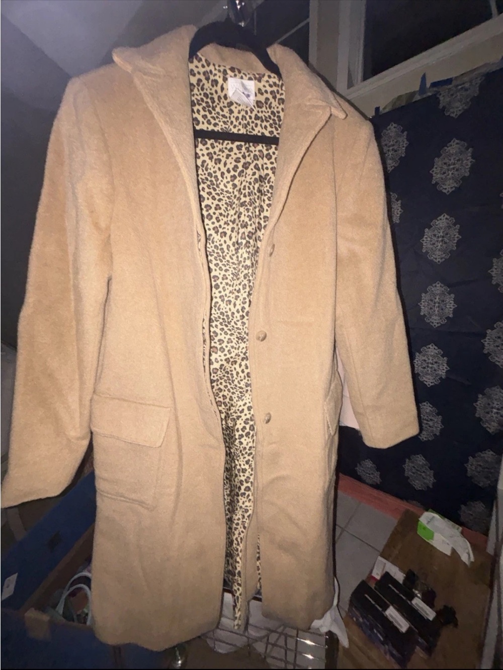 Willi Smith Camel Teddy Pea Coat with Leopard Lining
